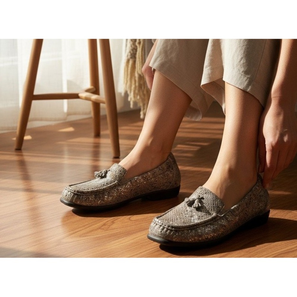 SAS Hope Loafers Shoes Womens‎ 9M Silver Snake Print Leather Tassel Metallic